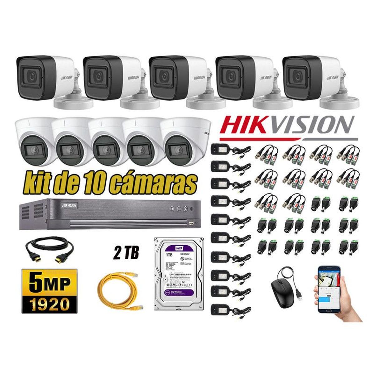 HIKVISION - CÁMARAS SEGURIDAD KIT 10 5MP + DISCO 2TB HDMI