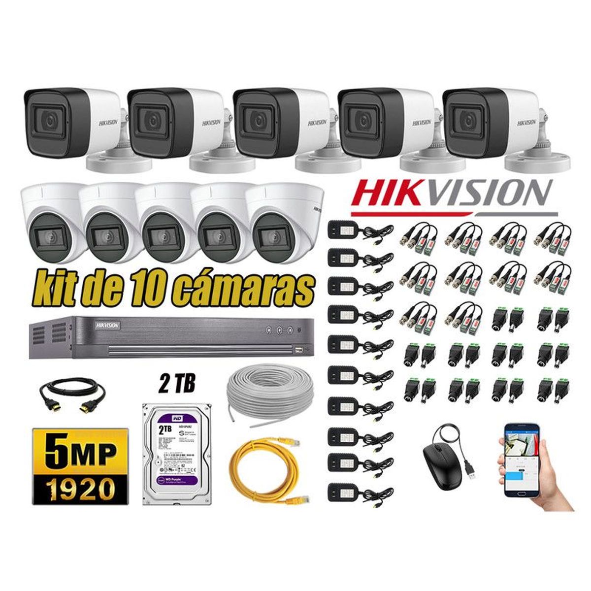 HIKVISION - CÁMARAS SEGURIDAD KIT 10 5MP + DISCO 2TB COMPLETO HDMI
