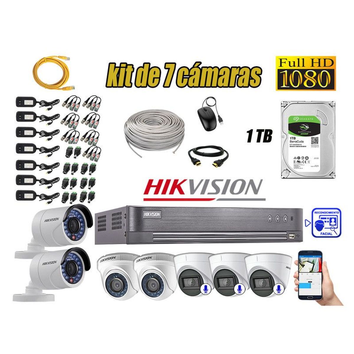HIKVISION - CÁMARAS SEGURIDAD KIT 7 FHD 3 CAMARA AUDIO + 1TB RECONOCIMIENTO FACIAL