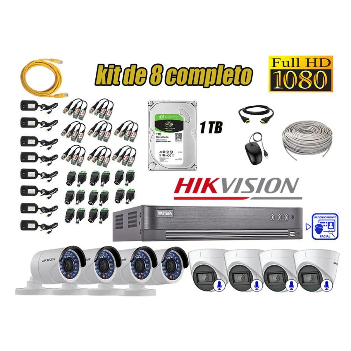 HIKVISION - CÁMARAS SEGURIDAD KIT 8 FHD 4 CAMARA AUDIO + 1TB RECONOCIMIENTO FACIAL