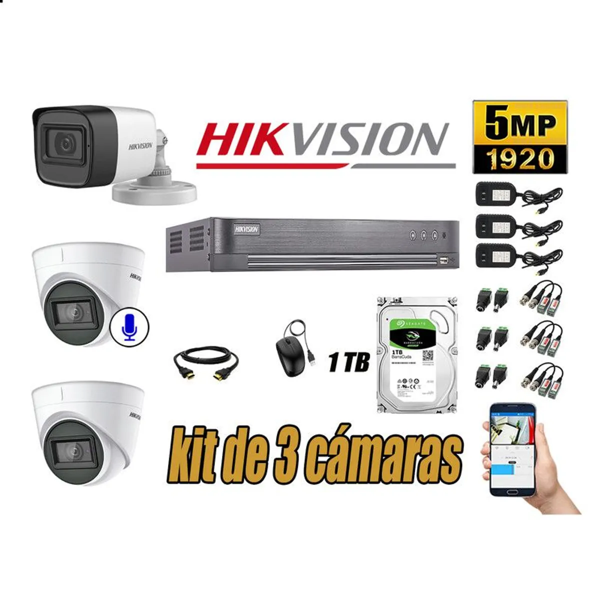 HIKVISION - CÁMARAS SEGURIDAD KIT 3 5MP + DISCO 1TB - 01 CAMARA AUDIO INCORPORADO
