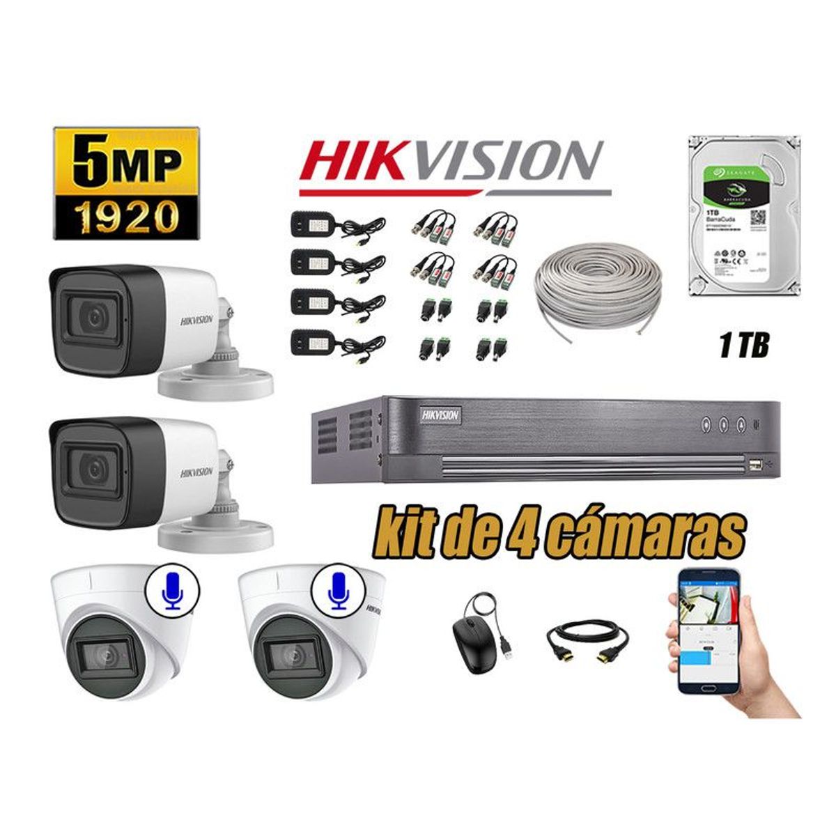 HIKVISION - CÁMARAS SEGURIDAD KIT 4 5MP + DISCO 1TB - 02 CAMARAS C/AUDIO COMPLETO