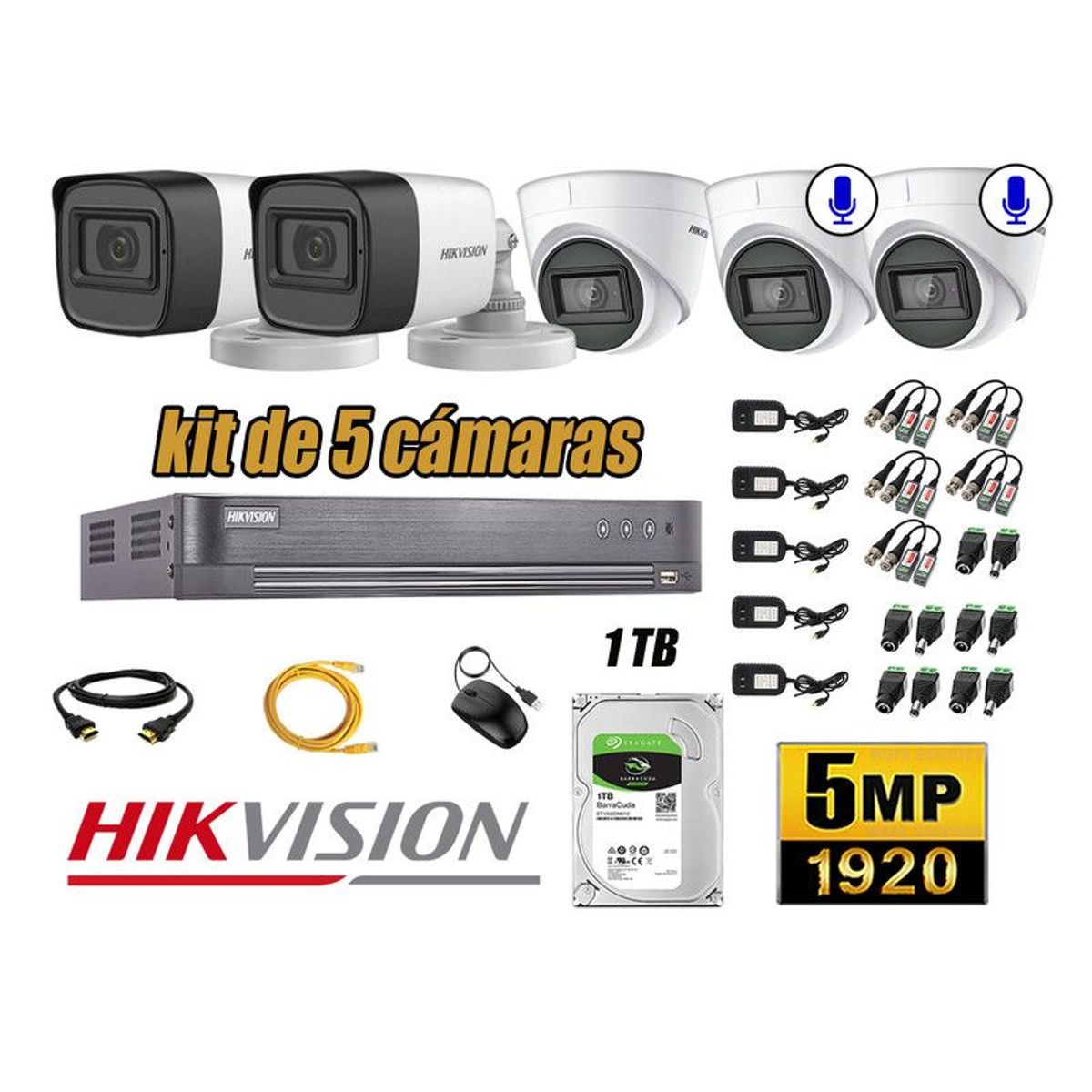 HIKVISION - CÁMARAS SEGURIDAD KIT 5 5MP + DISCO 1TB - 02 CAMARAS AUDIO INCORPORADO