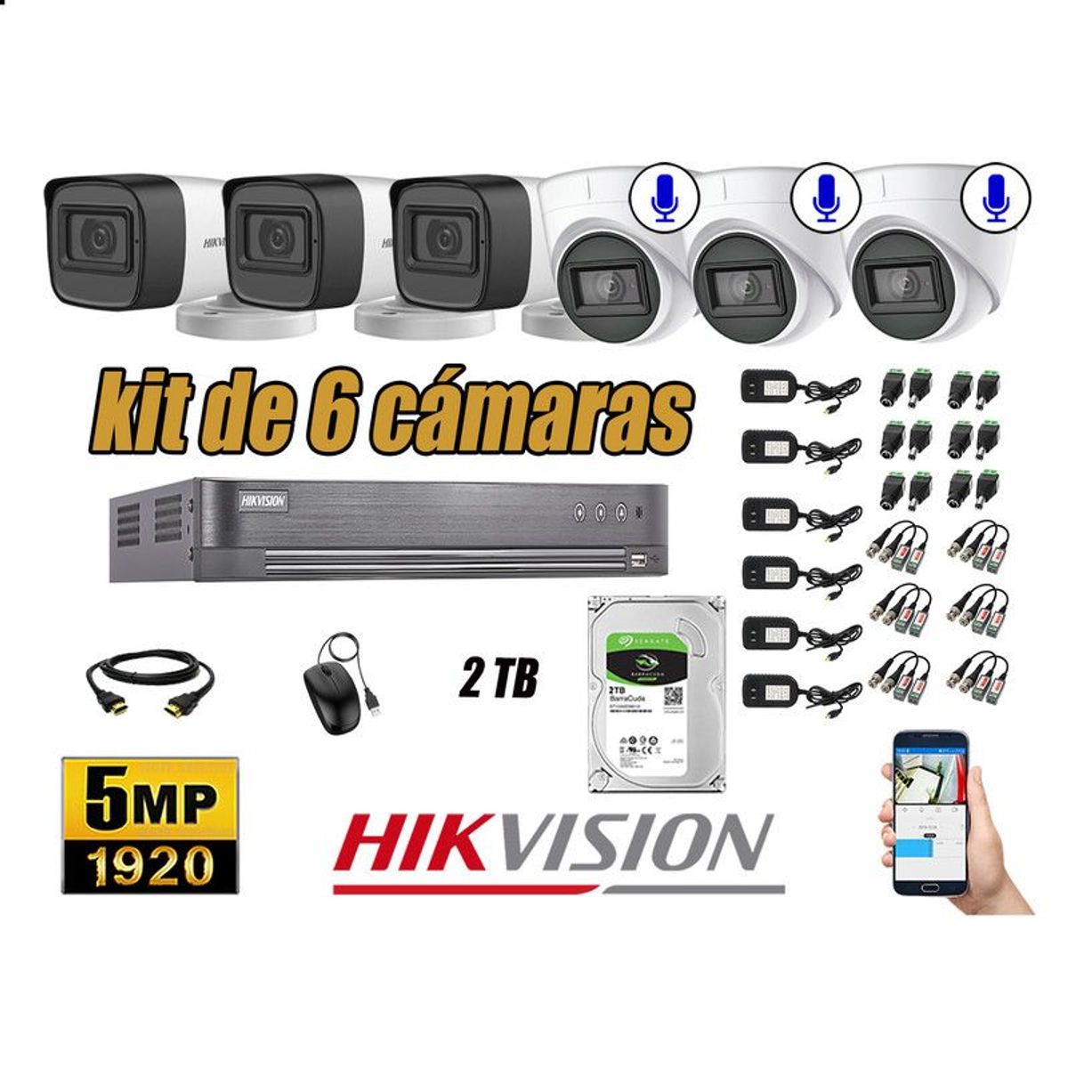 Hikvision - CÁMARAS SEGURIDAD KIT 6 5MP + DISCO 2TB - 03 CAMARAS AUDIO INCORPORADO