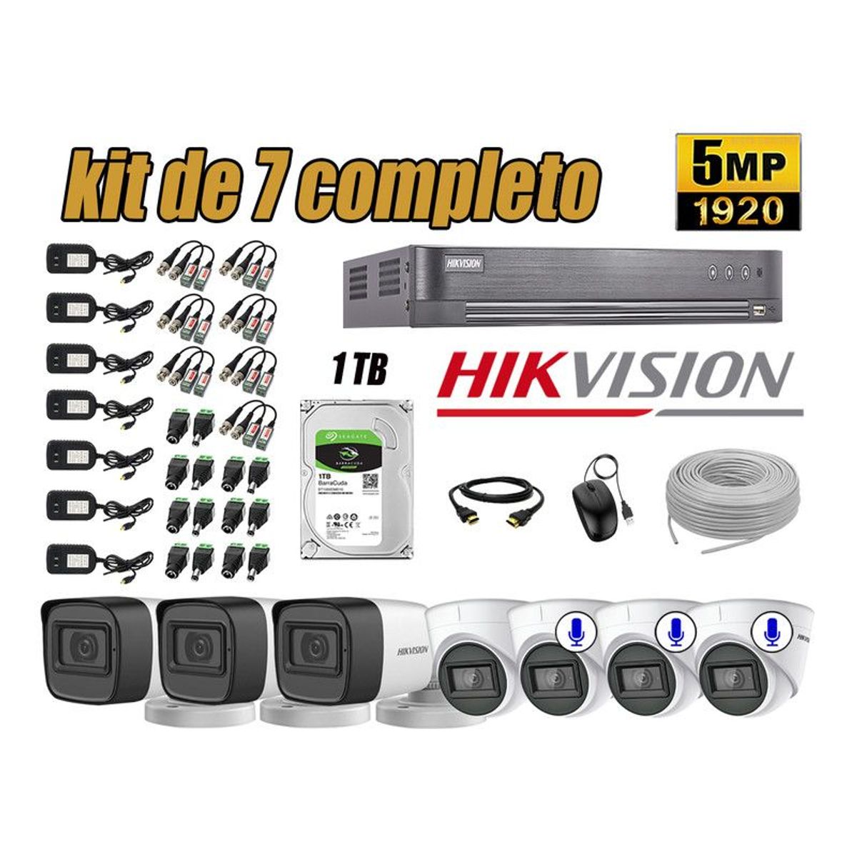 Hikvision - CÁMARAS SEGURIDAD KIT 7 5MP + DISCO 1TB - 03 CAMARAS C/AUDIO COMPLETO