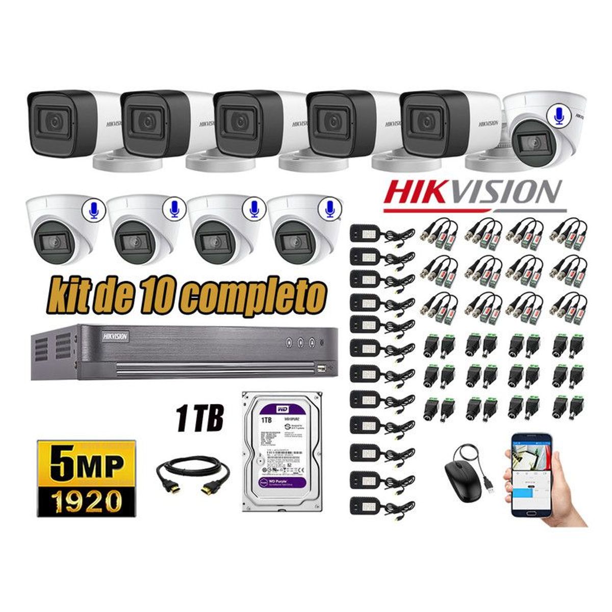 HIKVISION - CÁMARAS SEGURIDAD KIT 10 5MP + DISCO WD 1TB - 05 CAMARAS C/AUDIO HDMI