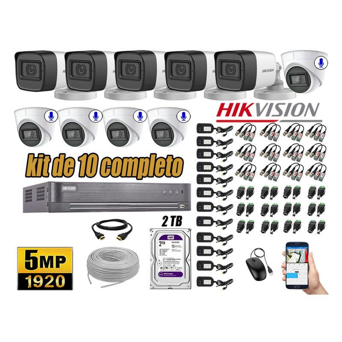 HIKVISION - CÁMARAS SEGURIDAD KIT 10 5MP + DISCO WD 2TB 5 CAMARAS C/AUDIO COMPLETO