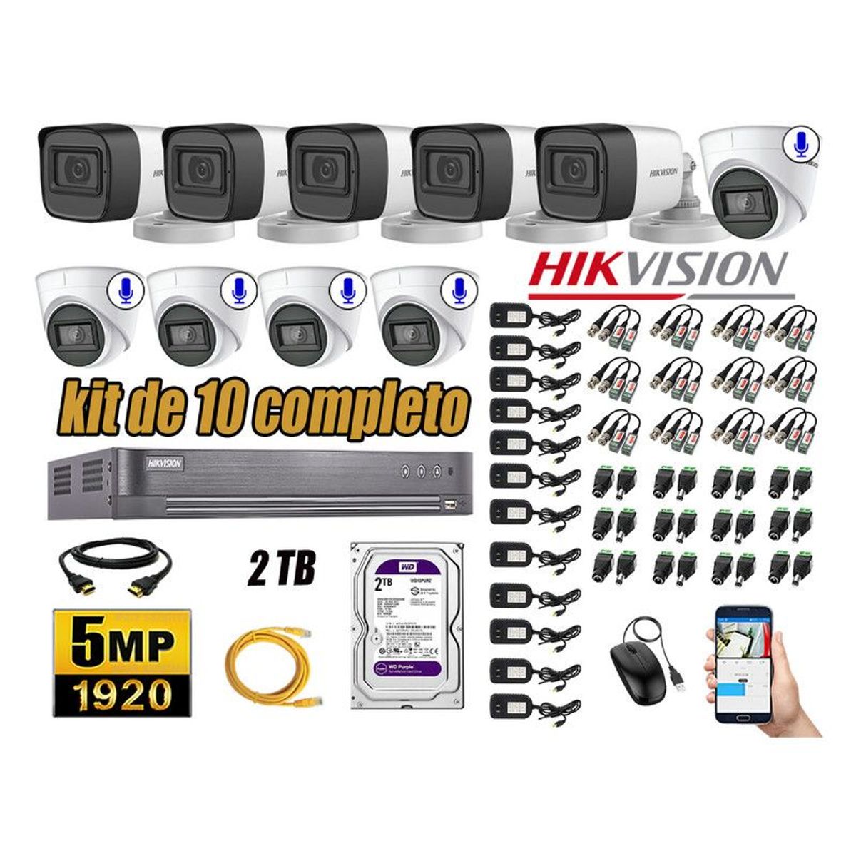 HIKVISION - CÁMARAS SEGURIDAD KIT 10 5MP + DISCO WD 2TB - 05 CAMARAS C/AUDIO HDMI