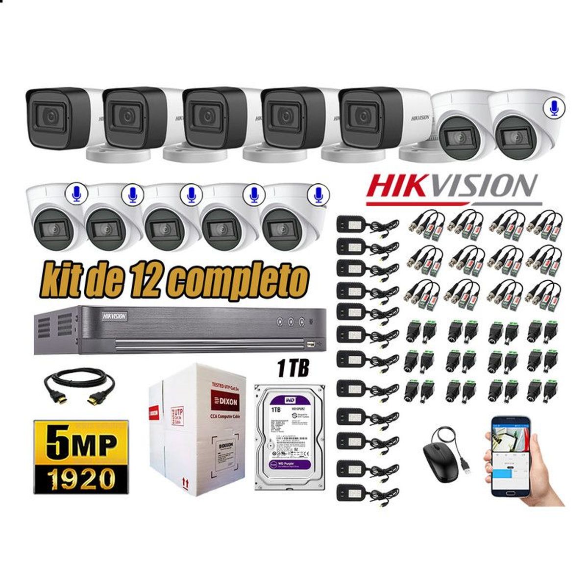 HIKVISION - CÁMARAS SEGURIDAD KIT 12 5MP + DISCO WD 1TB 6 CAMARAS C/AUDIO COMPLETO