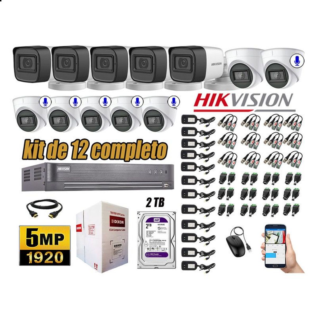 HIKVISION - CÁMARAS SEGURIDAD KIT 12 5MP + DISCO WD 2TB - 6 CAMARAS C/AUDIO COMPLETO