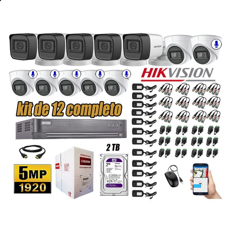 HIKVISION - CÁMARAS SEGURIDAD KIT 12 5MP + DISCO WD 2TB - 6 CAMARAS C/AUDIO COMPLETO