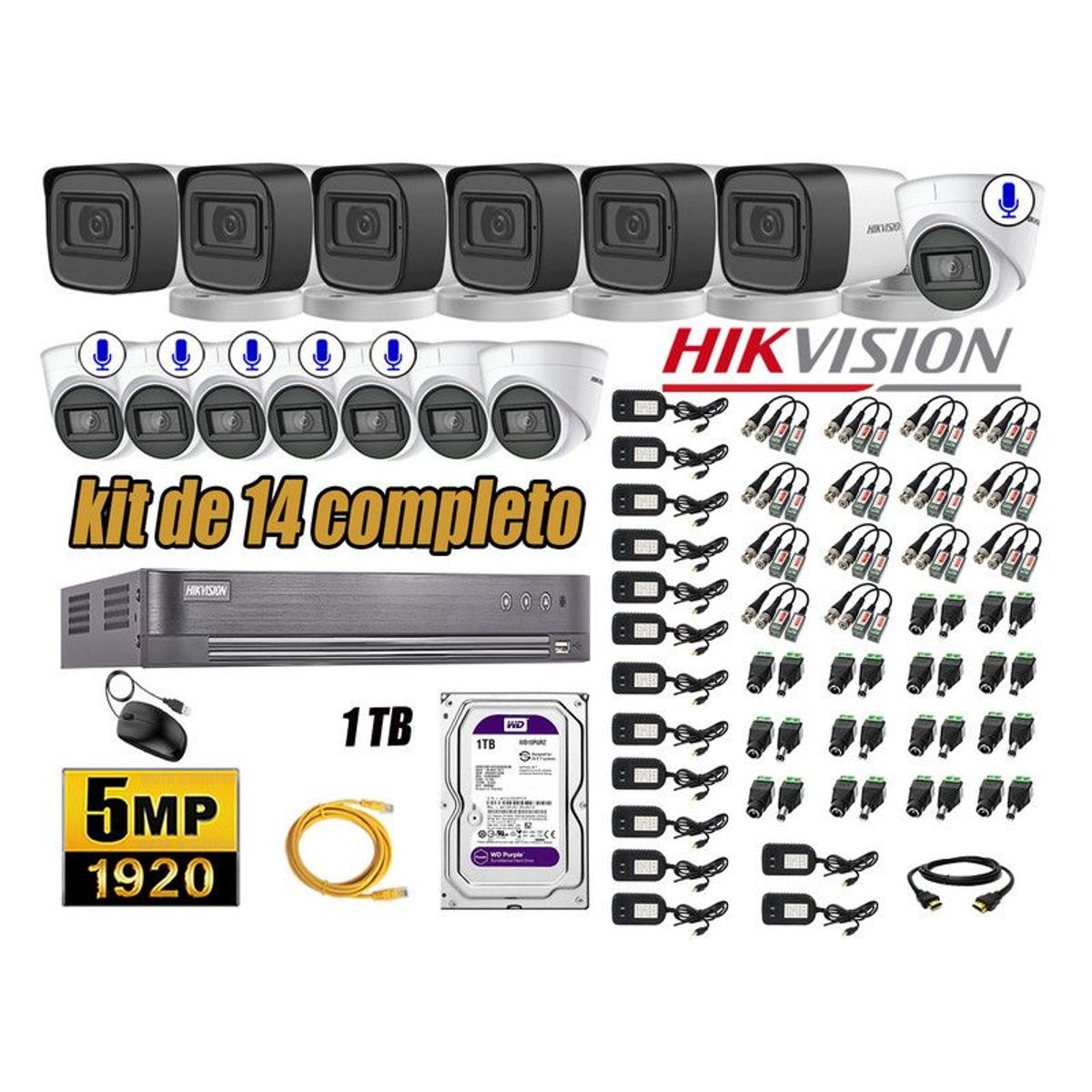 HIKVISION - CÁMARAS SEGURIDAD KIT 14 5MP + DISCO WD 1TB - 06 CAMARAS C/AUDIO HDMI