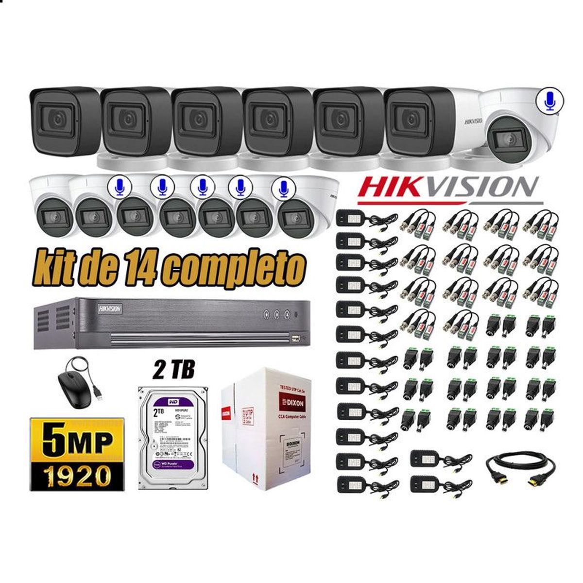 HIKVISION - CÁMARAS SEGURIDAD KIT 14 5MP + DISCO WD 2TB 6 CAMARAS C/AUDIO COMPLETO