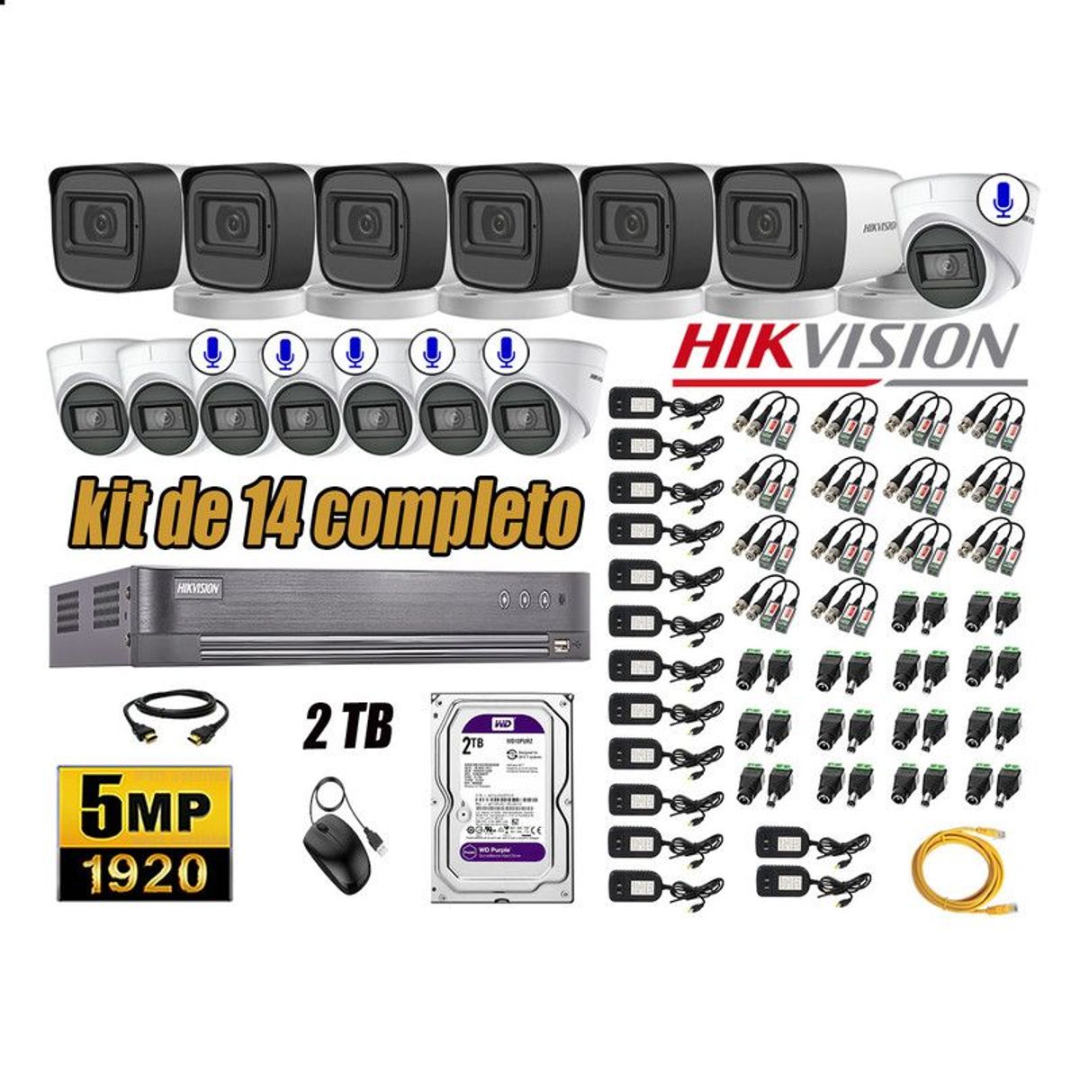 HIKVISION - CÁMARAS SEGURIDAD KIT 14 5MP + DISCO WD 2TB - 06 CAMARAS C/AUDIO HDMI