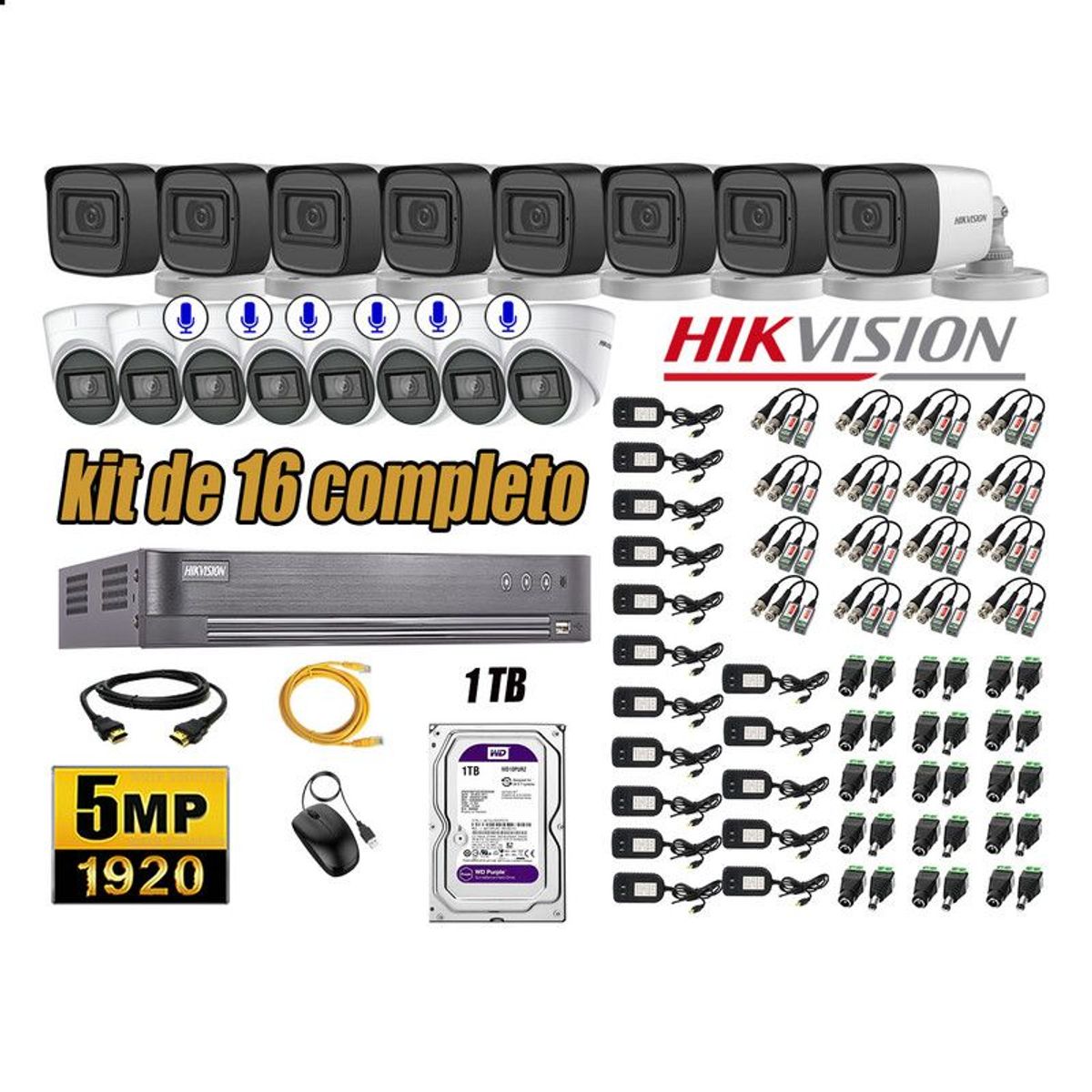 HIKVISION - CÁMARAS SEGURIDAD KIT 16 5MP + DISCO WD 1TB - 06 CAMARAS C/AUDIO HDMI