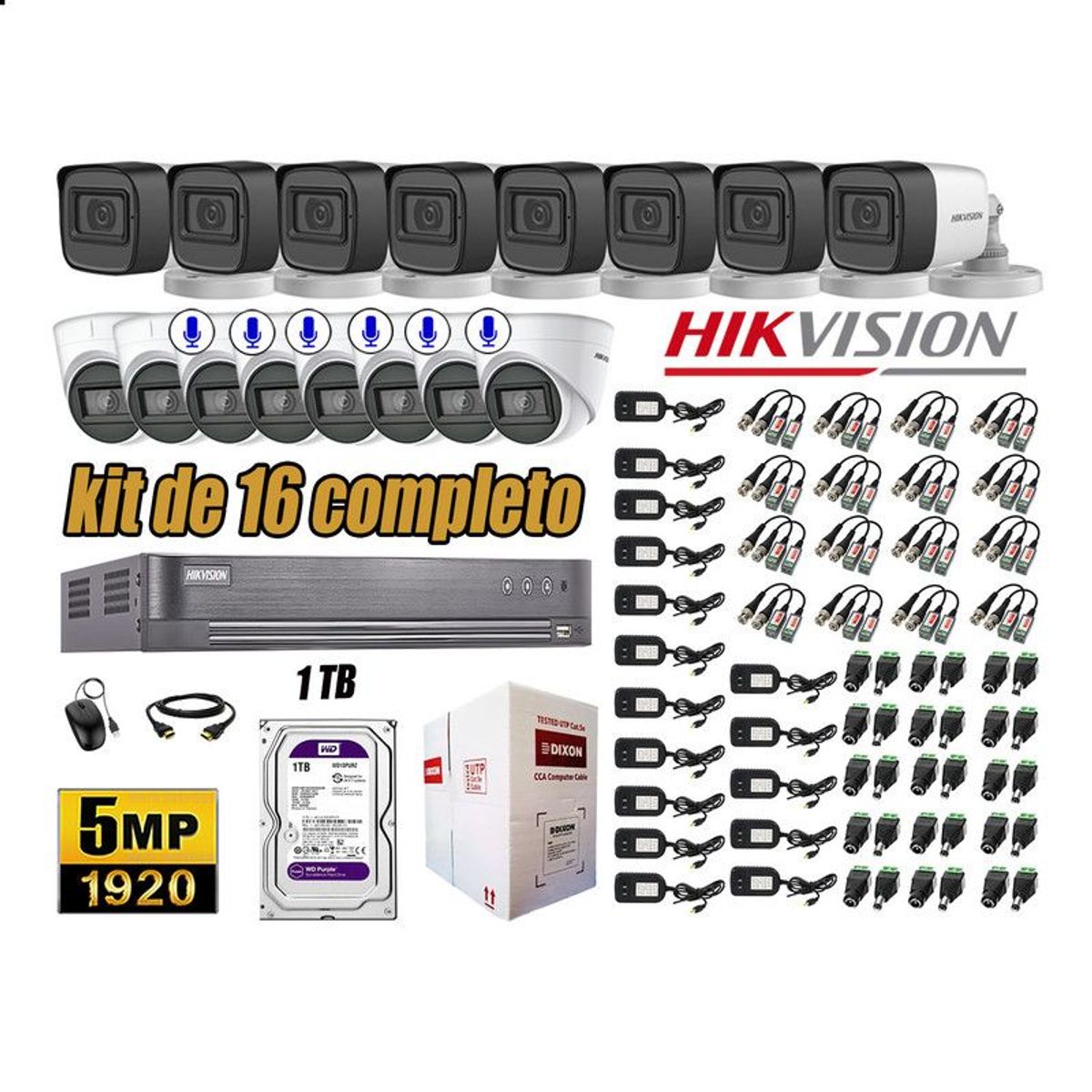 HIKVISION - CÁMARAS SEGURIDAD KIT 16 5MP + DISCO WD 1TB 6 CAMARAS C/AUDIO COMPLETO