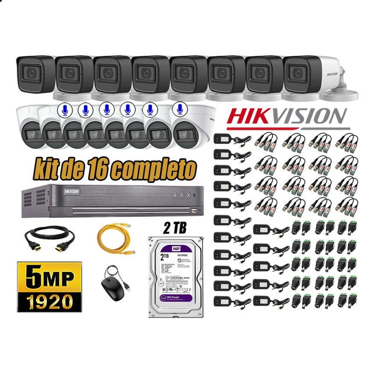 HIKVISION - CÁMARAS SEGURIDAD KIT 16 5MP + DISCO WD 2TB - 06 CAMARAS C/AUDIO HDMI
