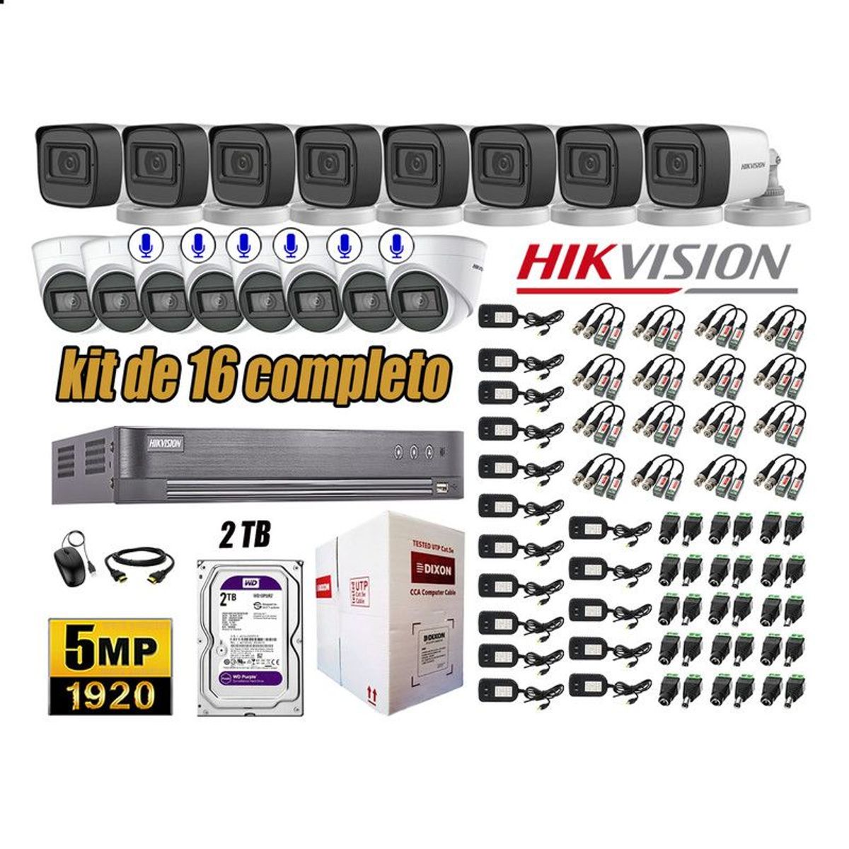 HIKVISION - CÁMARAS SEGURIDAD KIT 16 5MP + DISCO WD 2TB 6 CAMARAS C/AUDIO COMPLETO
