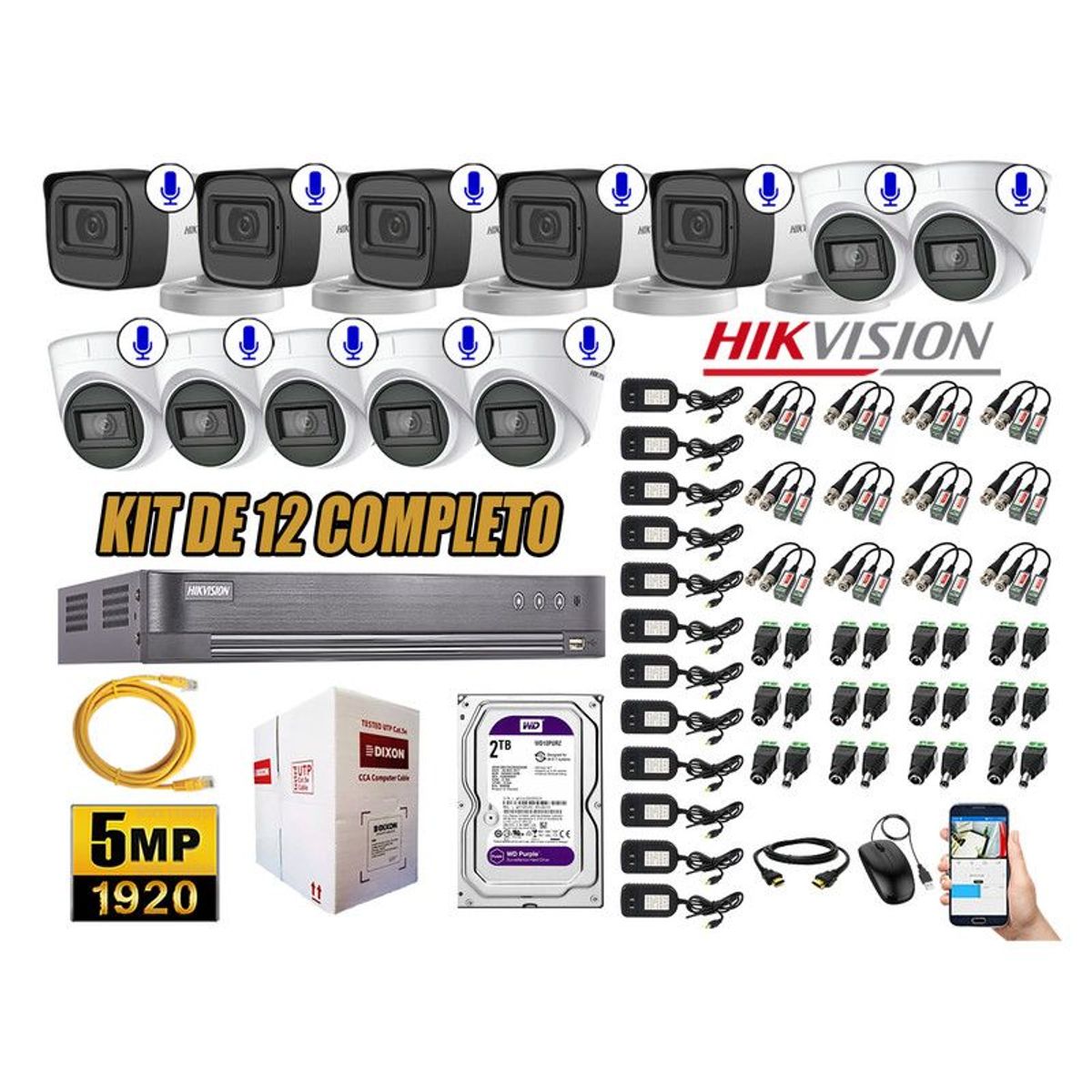 HIKVISION - CÁMARAS SEGURIDAD KIT 12 5MP + DISCO WD 2TB AUDIO INCORPORADO COMPLETO