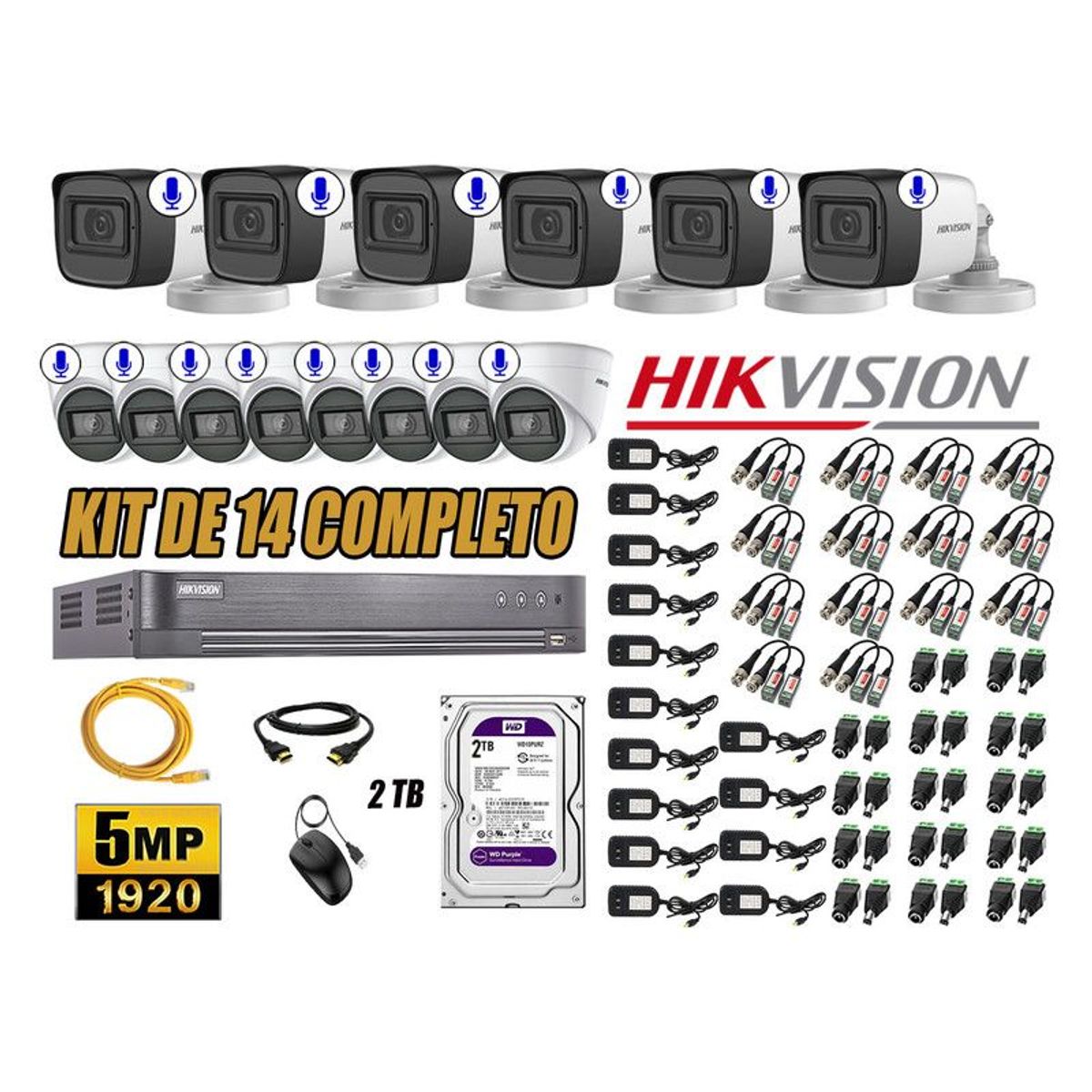 HIKVISION - CÁMARAS SEGURIDAD KIT 14 5MP + DISCO WD 2TB AUDIO INCORPORADO P2P HDMI