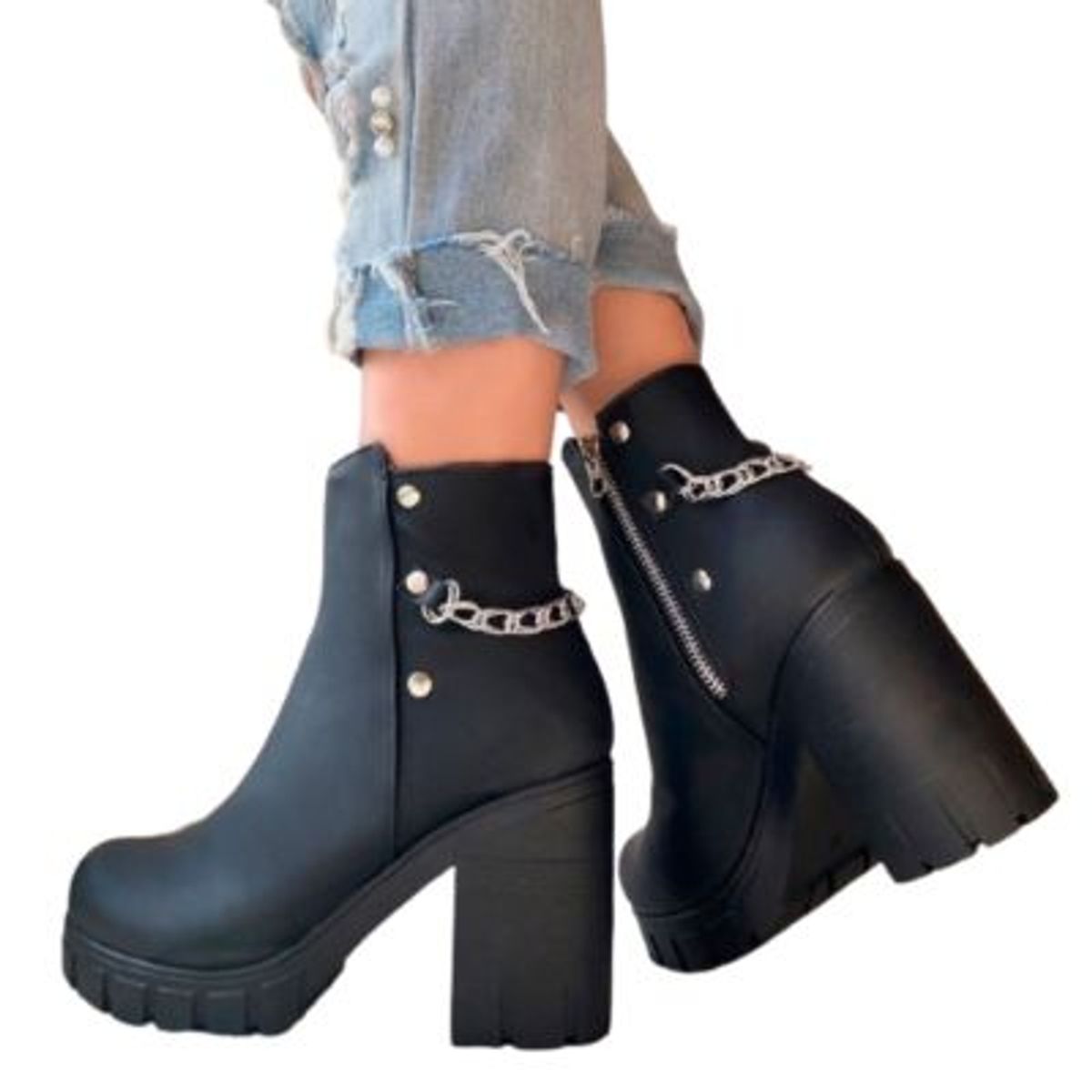 GENERICO - Botin Mujer Con Caña Alta Con Cadena Color Negro