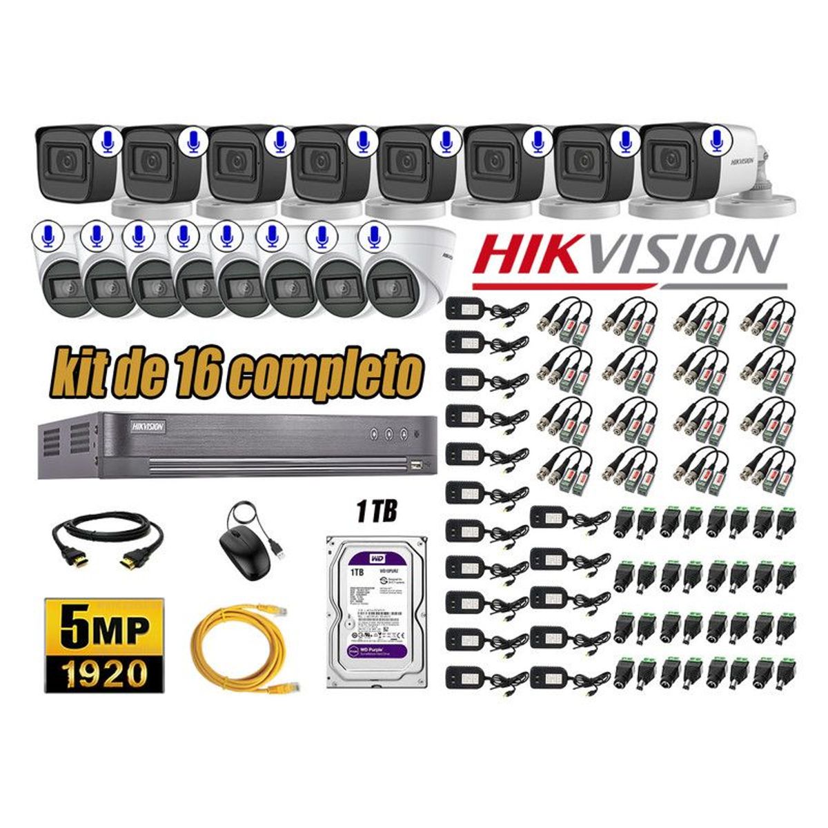 HIKVISION - CÁMARAS SEGURIDAD KIT 16 5MP + DISCO WD 1TB AUDIO INCORPORADO P2P HDMI