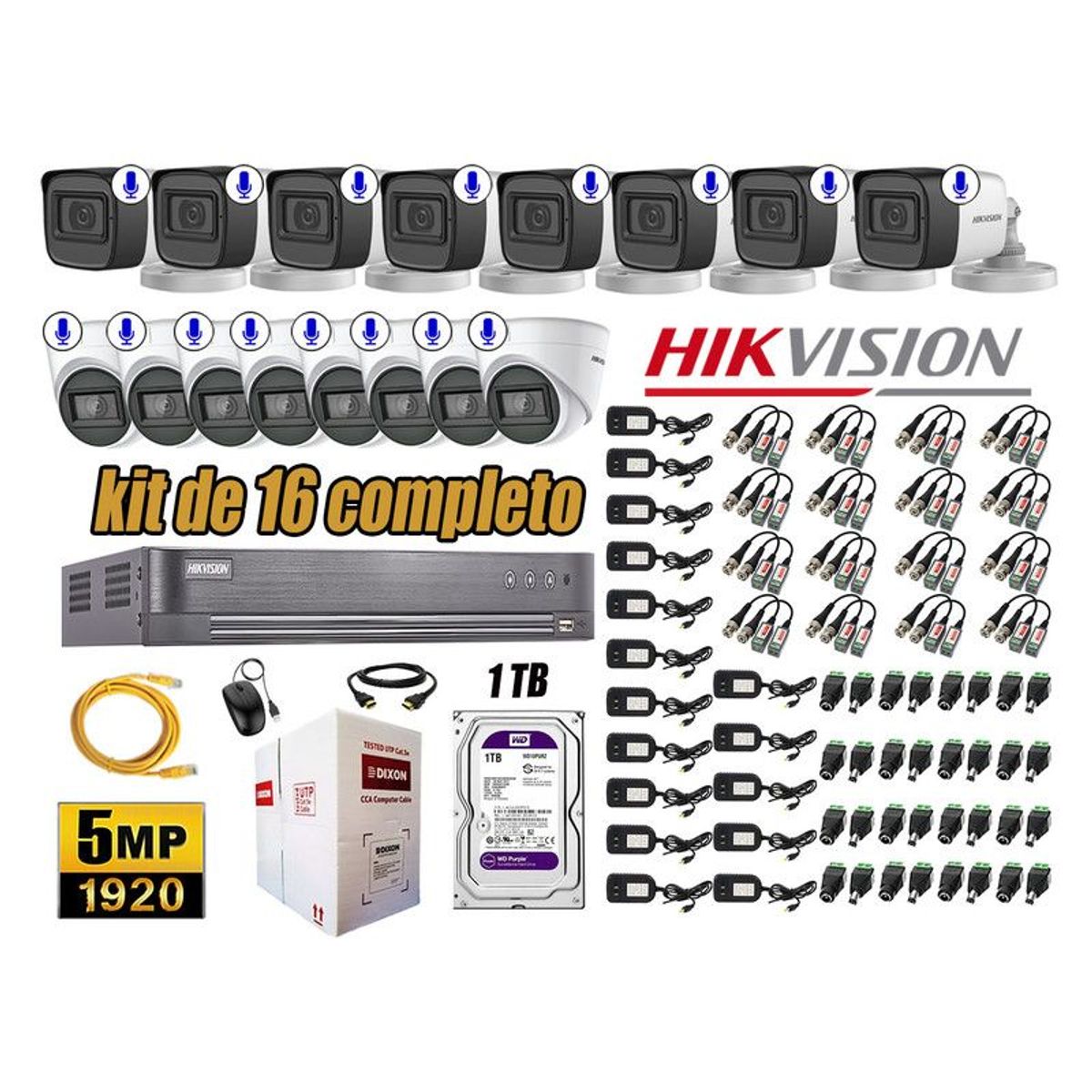 HIKVISION - CÁMARAS SEGURIDAD KIT 16 5MP + DISCO WD 1TB AUDIO INCORPORADO COMPLETO