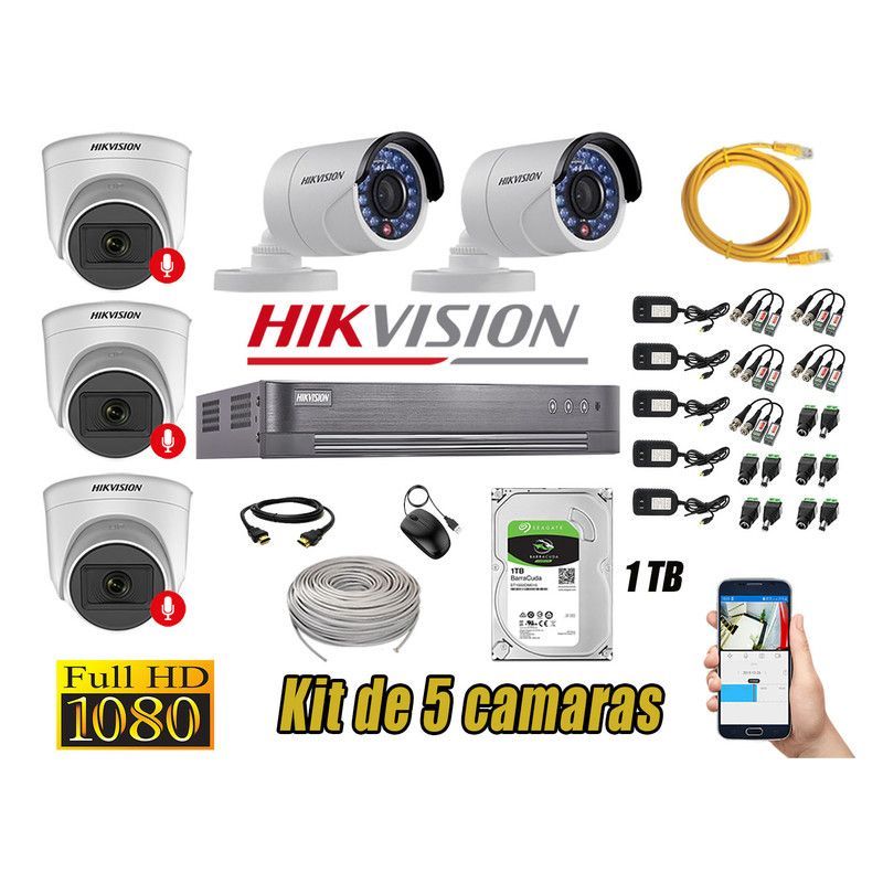 HIKVISION - CÁMARAS SEGURIDAD KIT 5 FULL HD 03 CAMARA CON AUDIO INCORPORADO 1TB