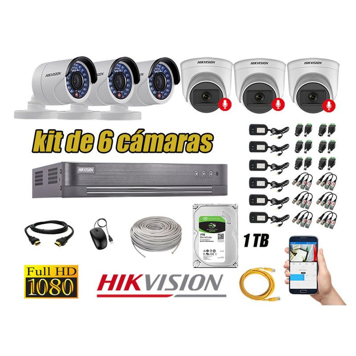 HIKVISION - CÁMARAS SEGURIDAD KIT 6 FULL HD 03 CAMARA CON AUDIO INCORPORADO 1TB