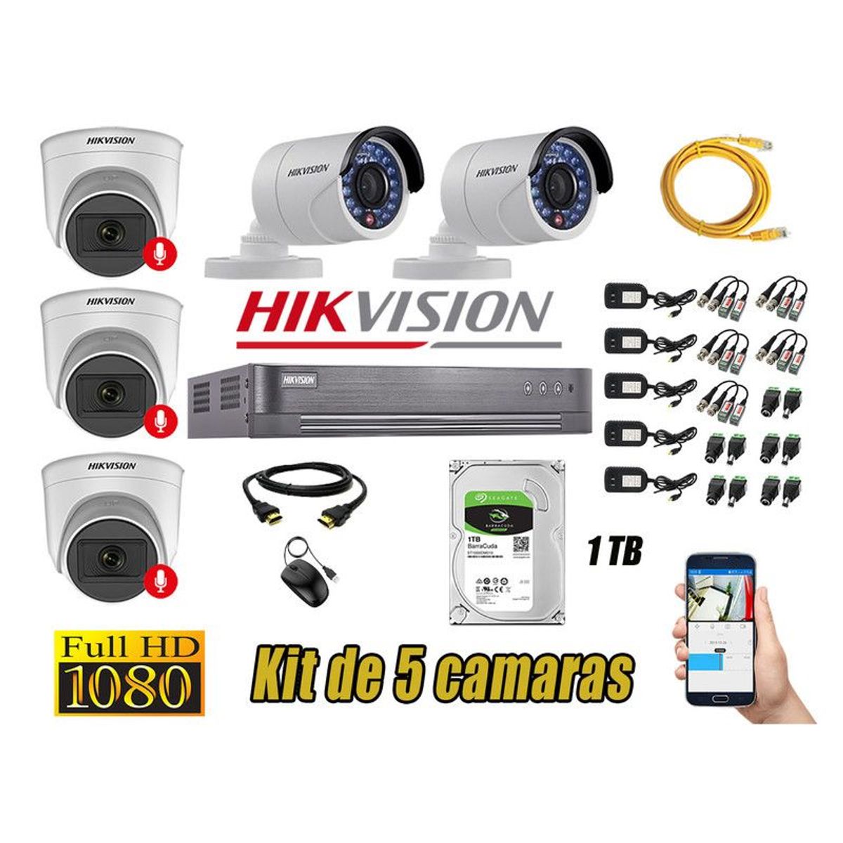 HIKVISION - CÁMARAS SEGURIDAD KIT 5 FULL HD 03 CAMARA CON AUDIO INCORPORADO 1TB