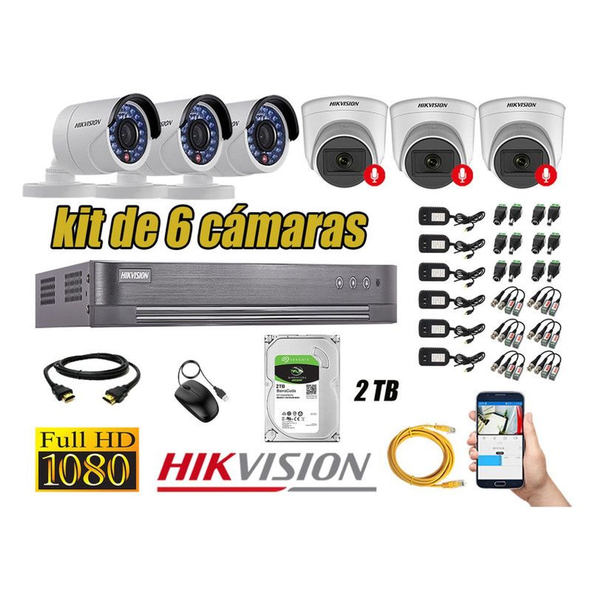 HIKVISION - CÁMARAS SEGURIDAD KIT 6 FULL HD 03 CAMARA CON AUDIO INCORPORADO 2TB