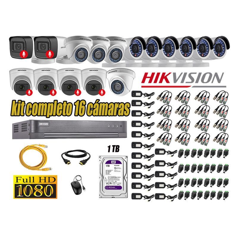 HIKVISION - CÁMARAS SEGURIDAD KIT 16 FULL HD 6 CAMARA CON AUDIO 1TB
