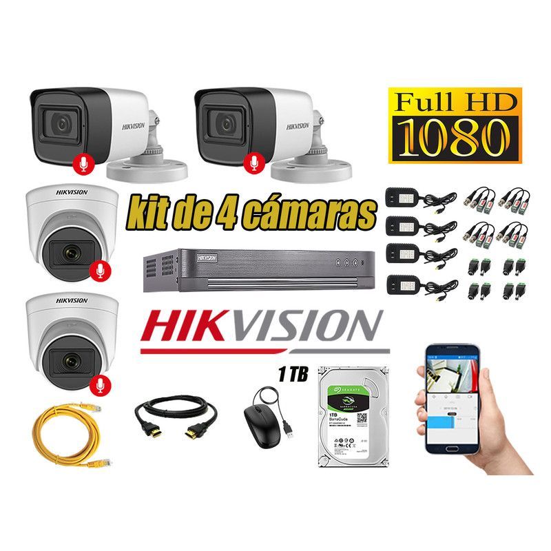 HIKVISION - CÁMARAS SEGURIDAD KIT 4 FULL HD 1080P CON AUDIO INCORPORADO 1TB