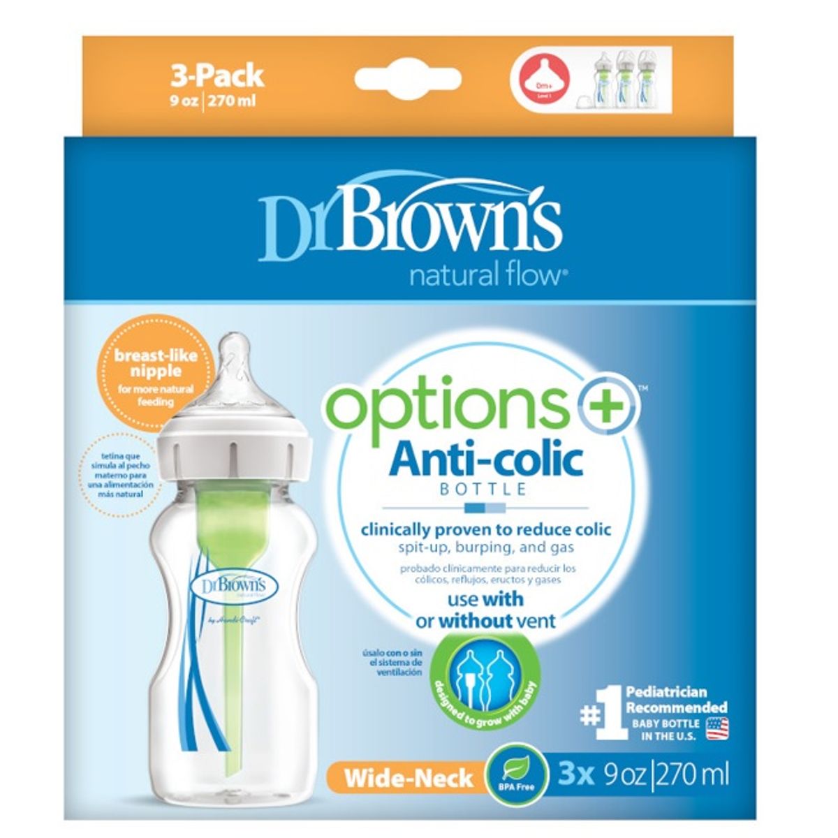 DR BROWNS - Set x3 Biberones Boca Ancha Polipropileno 9 oz