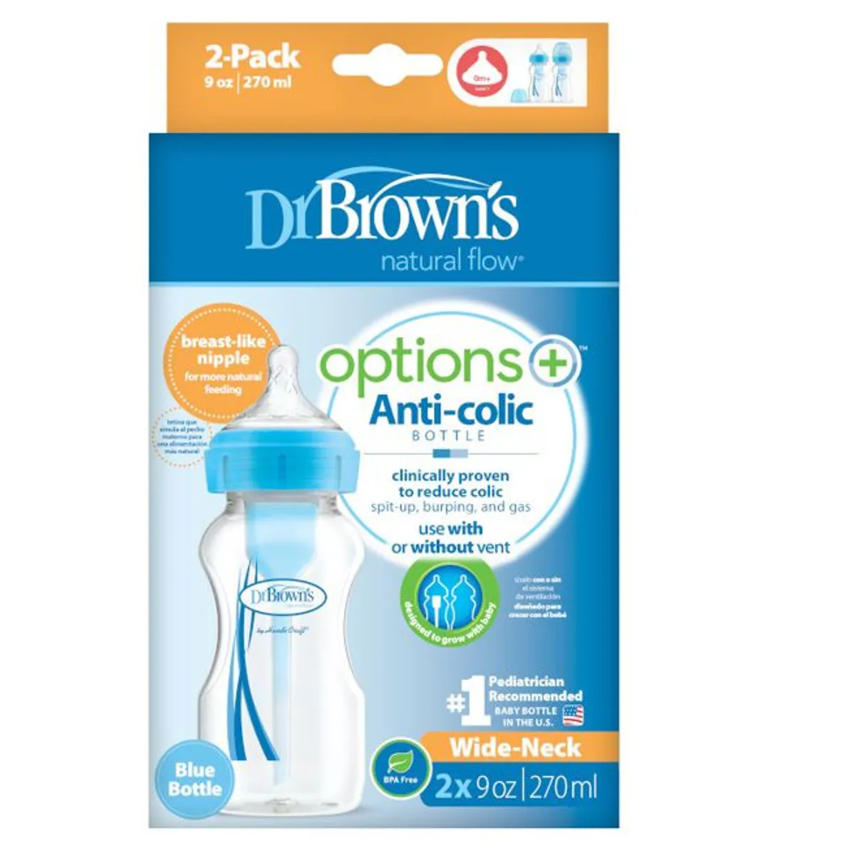 DR BROWNS - Set x2 Biberones Boca Ancha Polipropileno 9oz color Azul