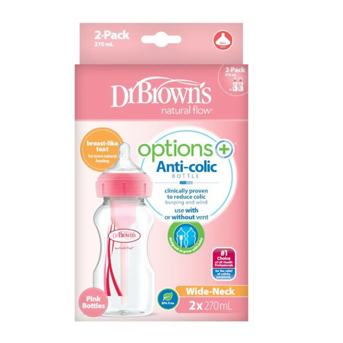 DR BROWNS - Set x2 Biberones Boca Ancha Polipropileno 9oz color Rosado