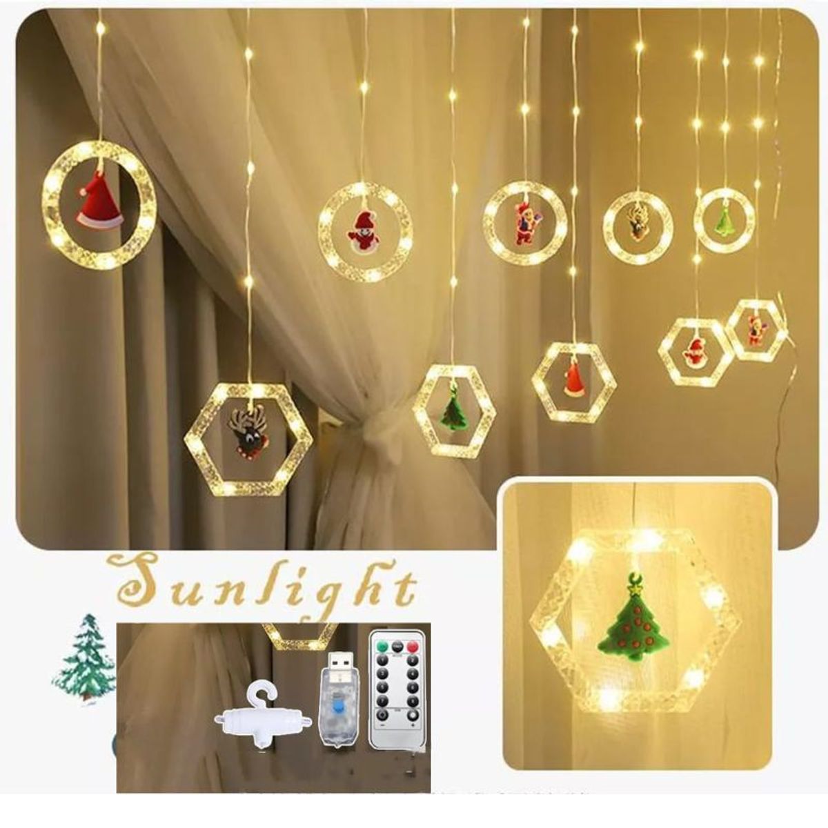 GENERICO - Cortina de Luces con Hanger Navideñas LED con Control Remoto 3m