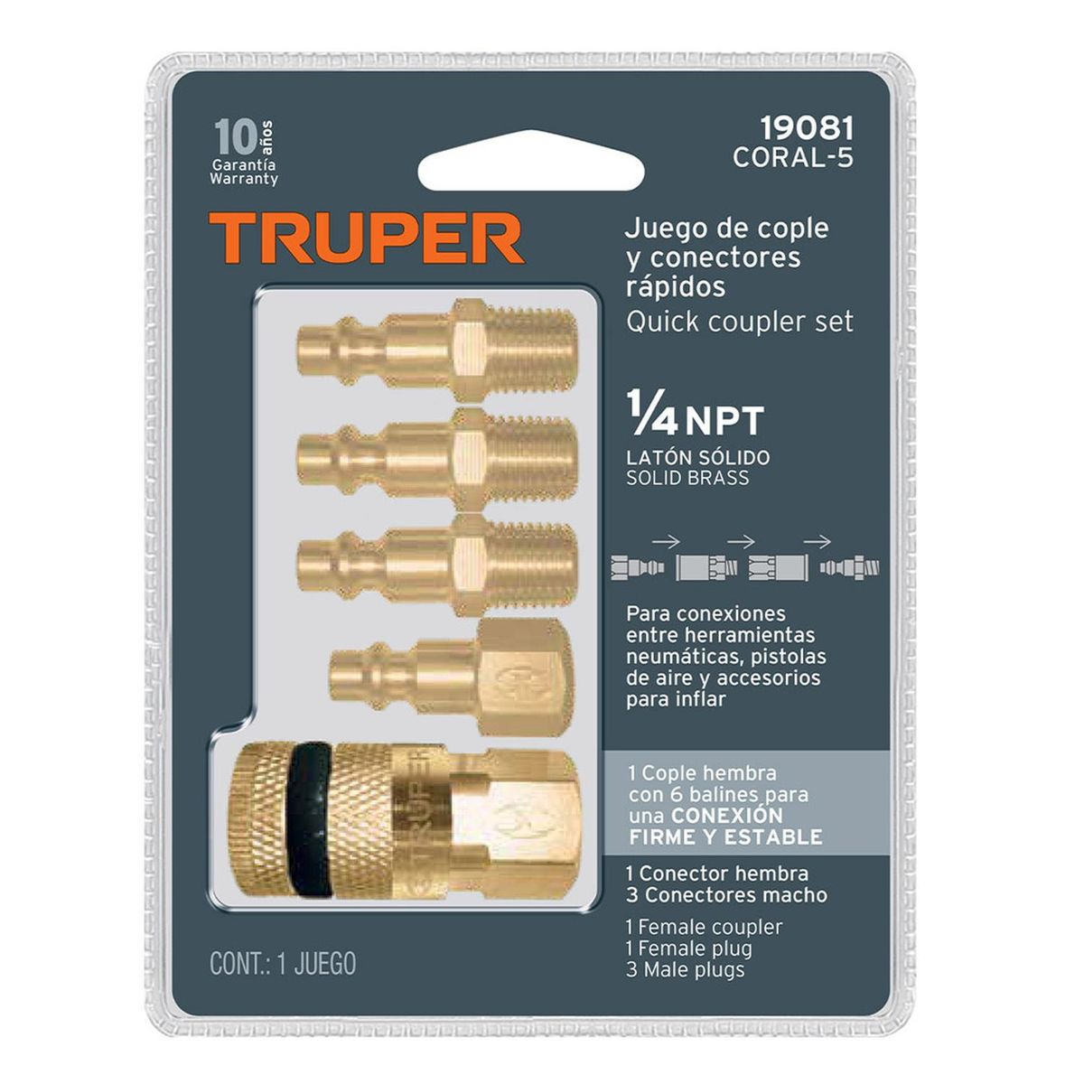 TRUPER - Juego de acople y conector laton 1/4" npt 5 pzs. truper coral-5 19081