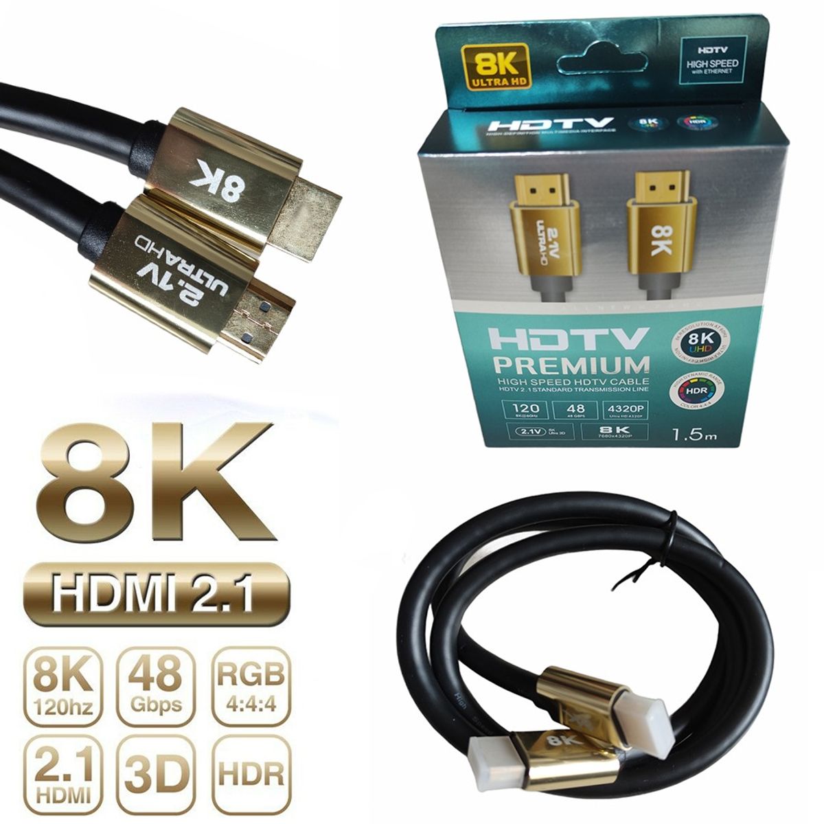 GENERICO - Cable Hdmi 2.1V 8k Ultra Hd 3d 1.5 Metros 4320p Premium 48Gbps HDR PVC