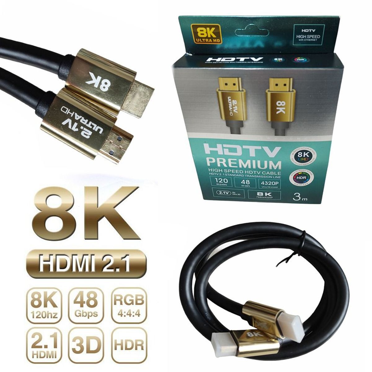 GENERICO - Cable Hdmi 2.1V 8k Ultra Hd 3d 3 Metros 4320p Premium 48Gbps HDR- PVC