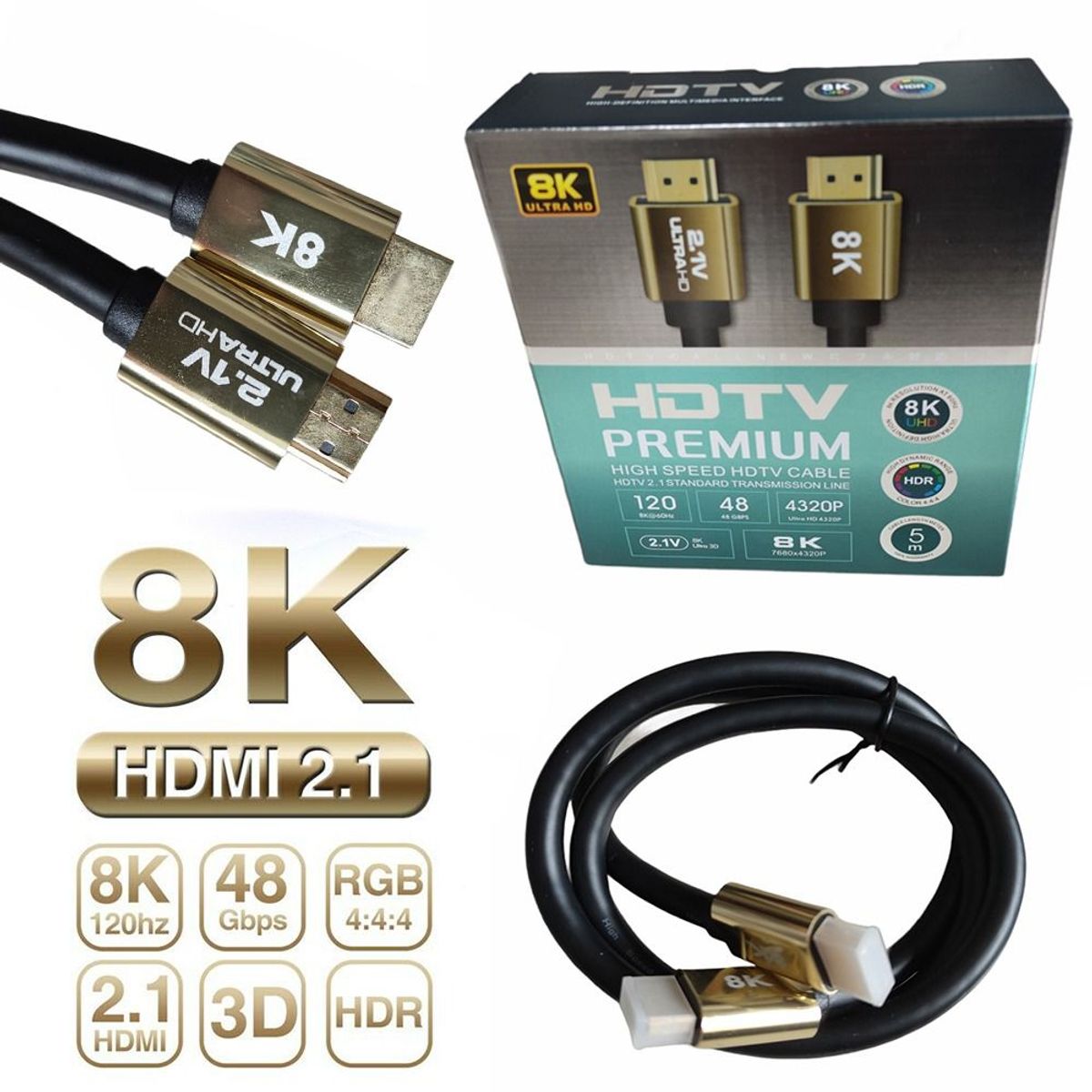 GENERICO - Cable Hdmi 2.1V 8k Ultra Hd 3d 5 Metros 4320p Premium 48Gbps HDR- PVC