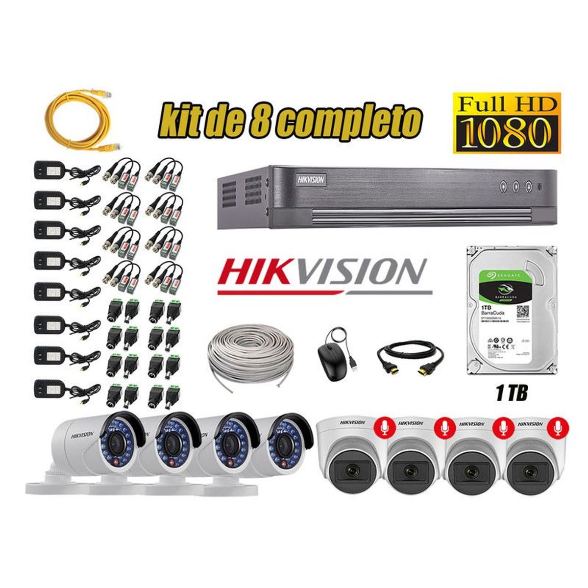 Hikvision - CÁMARAS SEGURIDAD KIT 8 FULL HD 04 CAMARA CON AUDIO INCORPORADO 1TB