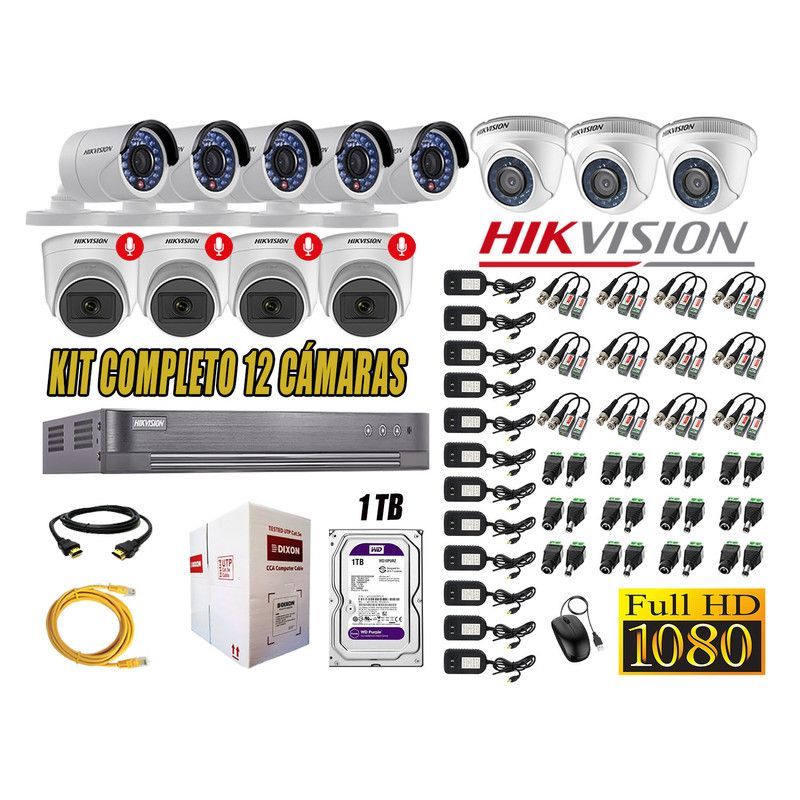 HIKVISION - CÁMARAS SEGURIDAD KIT 12 FULL HD 04 CAMARA CON AUDIO INCORPORADO 1TB