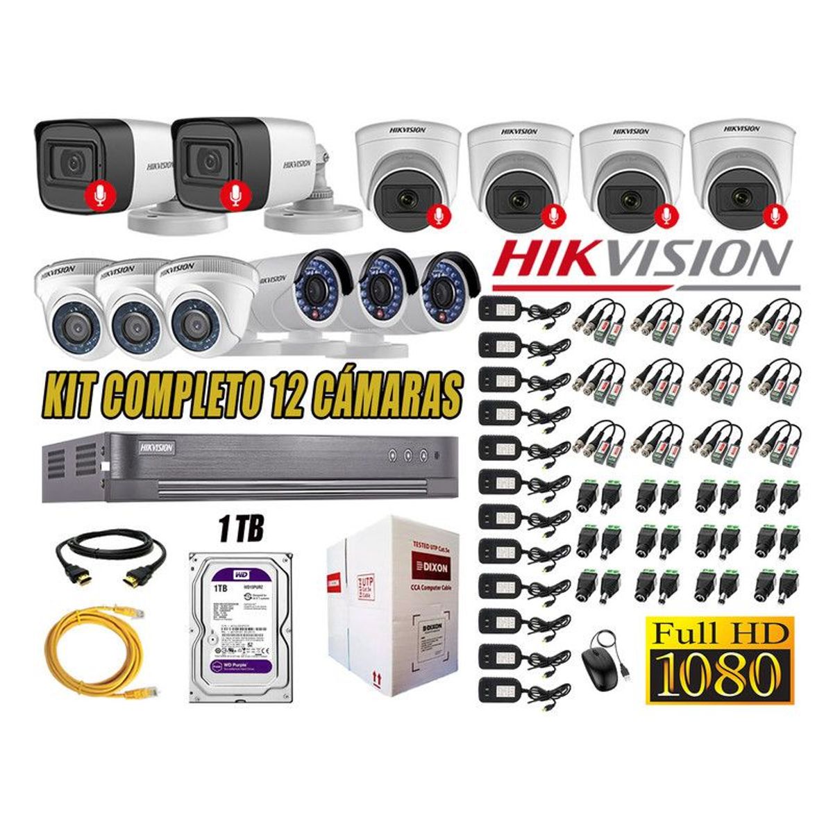 HIKVISION - CÁMARAS SEGURIDAD KIT 12 FULL HD 6 CAMARA CON AUDIO 1TB