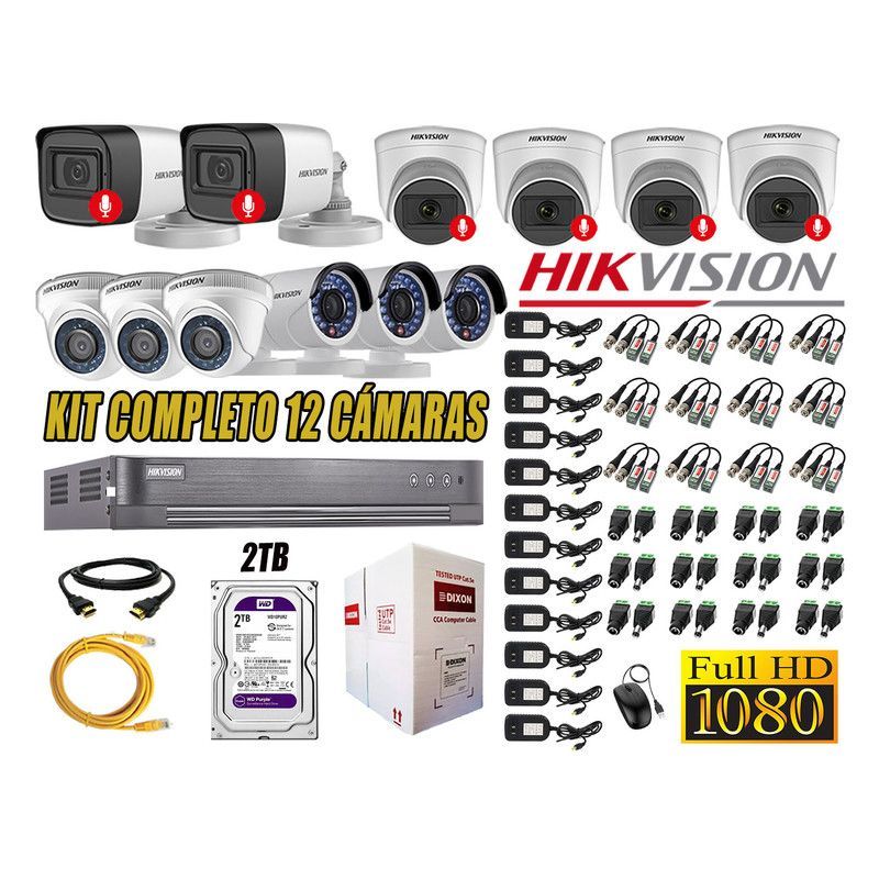 HIKVISION - CÁMARAS SEGURIDAD KIT 12 FULL HD 6 CAMARA CON AUDIO 2TB