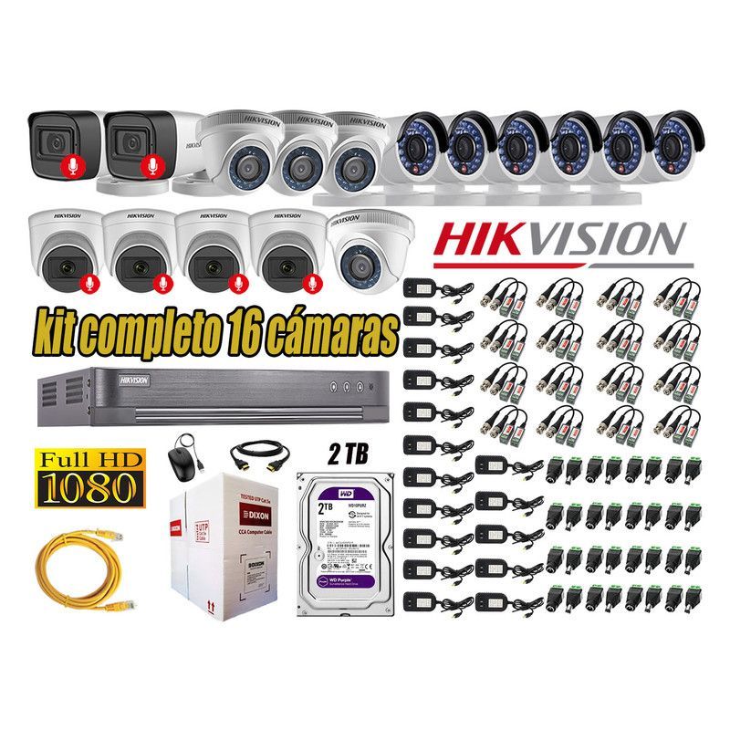 HIKVISION - CÁMARAS SEGURIDAD KIT 16 FULL HD 6 CAMARA CON AUDIO 2TB