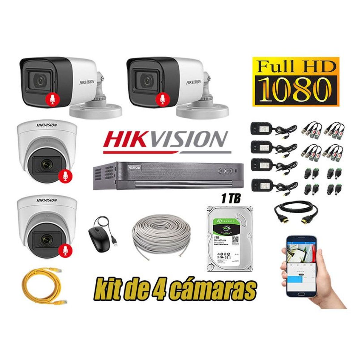 HIKVISION - CÁMARAS SEGURIDAD KIT 4 FULL HD 1080P CON AUDIO INCORPORADO 1TB