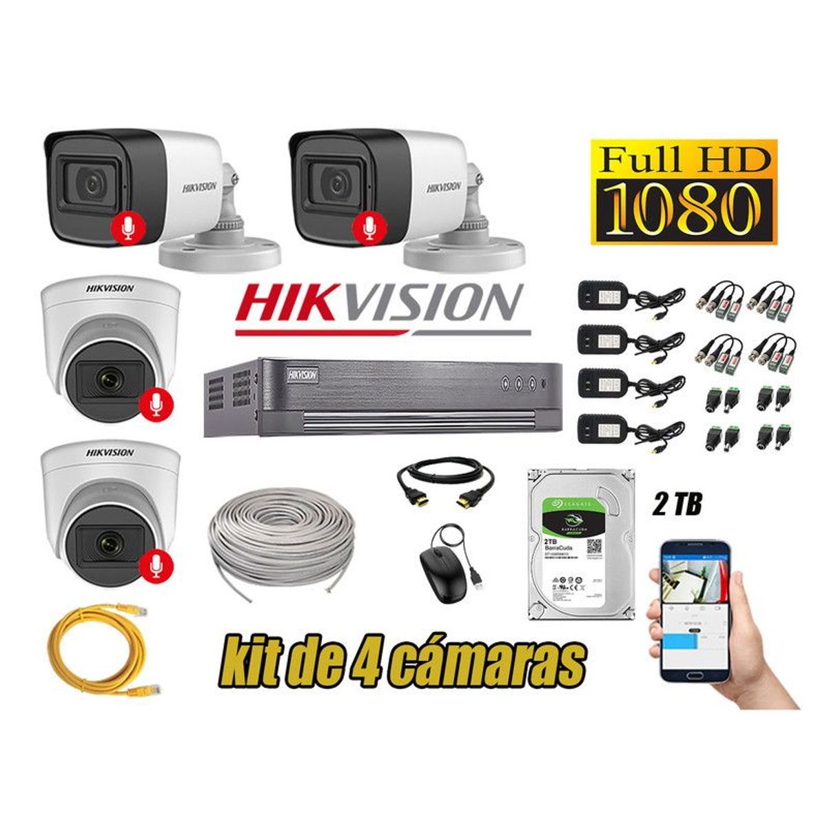 HIKVISION - CÁMARAS SEGURIDAD KIT 4 FULL HD 1080P CON AUDIO INCORPORADO 2TB