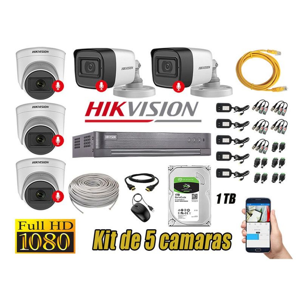 Hikvision - CÁMARAS SEGURIDAD KIT 5 FULL HD 1080P CON AUDIO INCORPORADO 1TB