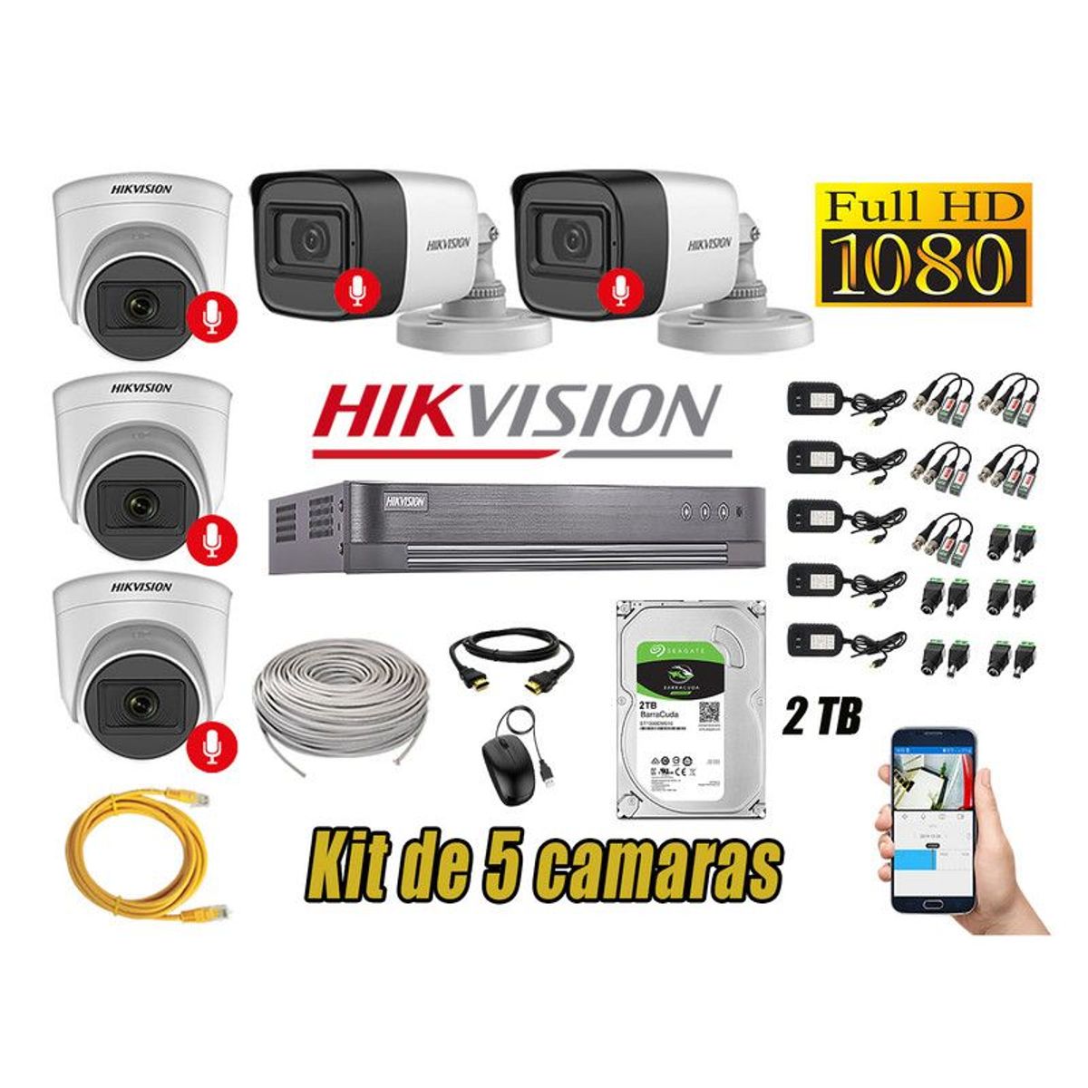 HIKVISION - CÁMARAS SEGURIDAD KIT 5 FULL HD 1080P CON AUDIO INCORPORADO 2TB